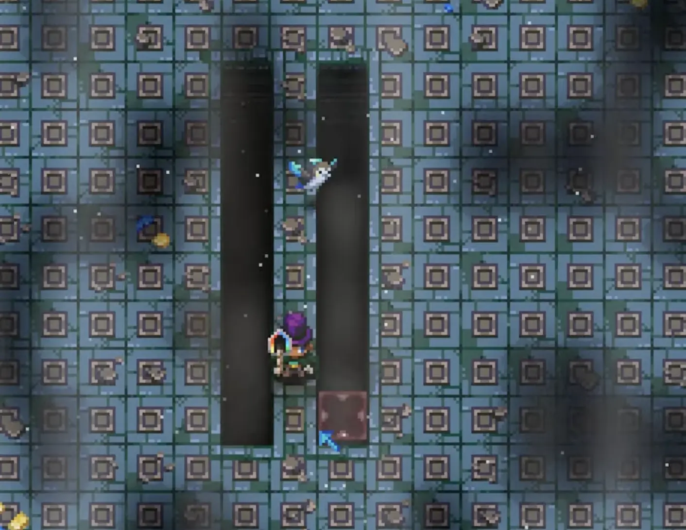 Core Keeper auto farm layout: two 8-tile crop rows with a 1-tile gap (golden crop farm module)