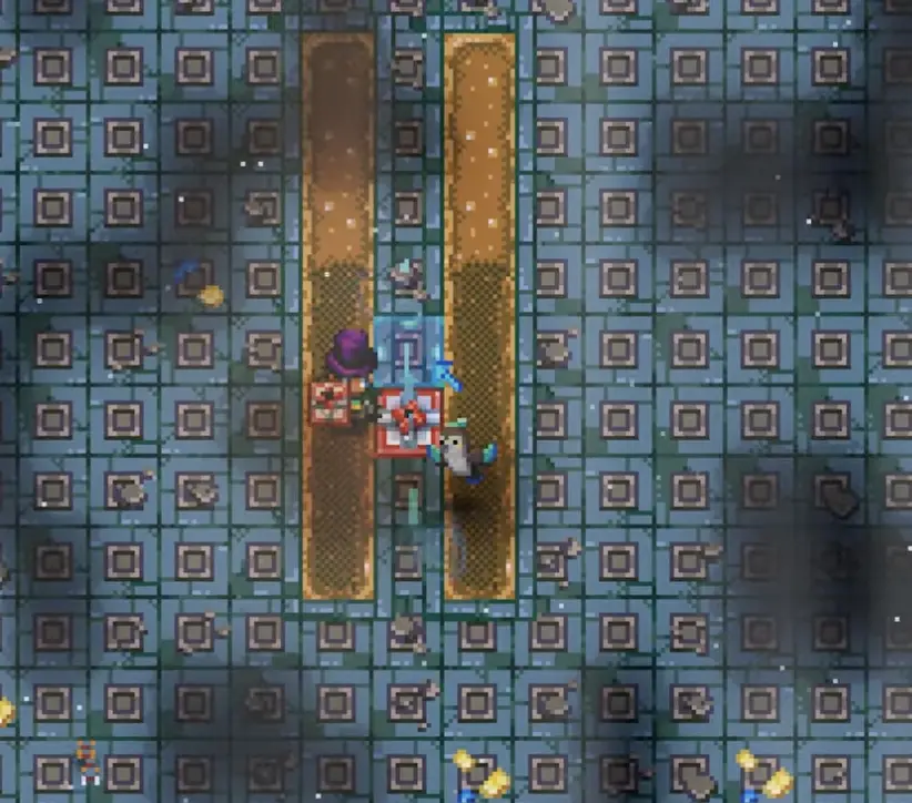 Sprinkler placement for 8-tile crop rows (overlap is fine) in Core Keeper